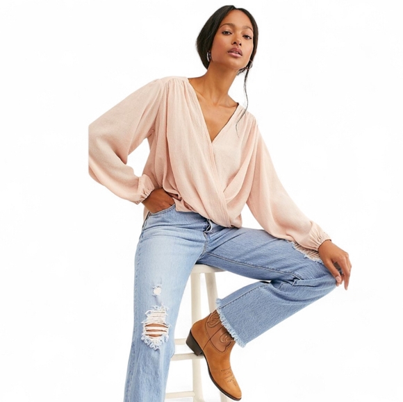 Free People Tops - Free People Check On It Long Sleeve Open Wrap Top In Pink Peach Size Medium